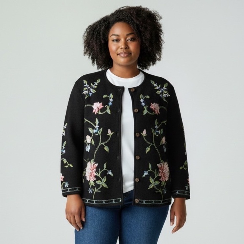 VTG Carole Little Woman Black Boiled Wool Floral Embroidered Cardigan Sweater 2X